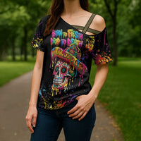 Dripping Sombrero Sugar Skull Cross Shoulder Shirt Día de los Muertos - Wonder Print Shop