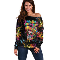 Dripping Sombrero Sugar Skull Off Shoulder Sweater Día de los Muertos - Wonder Print Shop