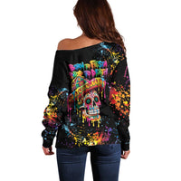 Dripping Sombrero Sugar Skull Off Shoulder Sweater Día de los Muertos - Wonder Print Shop