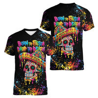 Dripping Sombrero Sugar Skull Women V-Neck T-Shirt Día de los Muertos - Wonder Print Shop