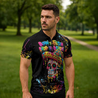 Dripping Sombrero Sugar Skull Zipper Polo Shirt Día de los Muertos - Wonder Print Shop