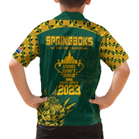 Kids Hawaiian rugby shirt back, SPRINGBOKS text and 1995-2007-2019-2023 graphic.