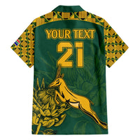 Green tropical button-up shirt back with YOUR TEXT 21 and golden kangaroo graphic