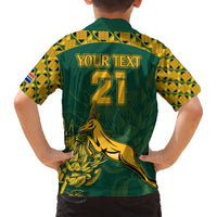 Green tropical button-up shirt for kids back with YOUR TEXT 21 and golden kangaroo graphic