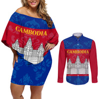 Personalised Cambodia Couples Matching Off Shoulder Short Dress and Long Sleeve Button Shirt With Simple Flag Style LT9 - Wonder Print Shop