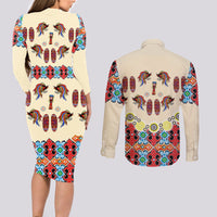 Papua Batik Motif Bird Of Paradise and Native Papuan Shield Couples Matching Long Sleeve Bodycon Dress and Long Sleeve Button Shirt LT9 - Wonder Print Shop