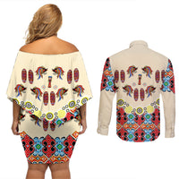 Papua Batik Motif Bird Of Paradise and Native Papuan Shield Couples Matching Off Shoulder Short Dress and Long Sleeve Button Shirt LT9 - Wonder Print Shop