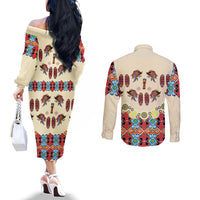 papua-batik-motif-bird-of-paradise-and-native-papuan-shield-couples-matching-off-the-shoulder-long-sleeve-dress-and-long-sleeve-button-shirt