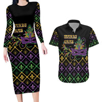Mardi Gras Carnival Couples Matching Long Sleeve Bodycon Dress and Hawaiian Shirt Geometric Pattern Vintage