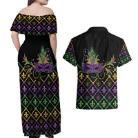 Mardi Gras Carnival Couples Matching Off Shoulder Maxi Dress and Hawaiian Shirt Geometric Pattern Vintage