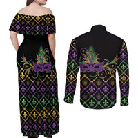 Mardi Gras Carnival Couples Matching Off Shoulder Maxi Dress and Long Sleeve Button Shirt Geometric Pattern Vintage