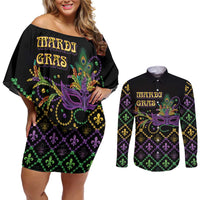 Mardi Gras Carnival Couples Matching Off Shoulder Short Dress and Long Sleeve Button Shirt Geometric Pattern Vintage
