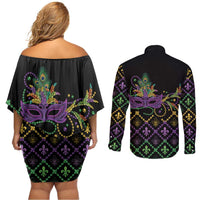 Mardi Gras Carnival Couples Matching Off Shoulder Short Dress and Long Sleeve Button Shirt Geometric Pattern Vintage