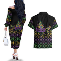 Mardi Gras Carnival Couples Matching Off The Shoulder Long Sleeve Dress and Hawaiian Shirt Geometric Pattern Vintage