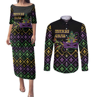 Mardi Gras Carnival Couples Matching Puletasi and Long Sleeve Button Shirt Geometric Pattern Vintage