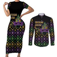 Mardi Gras Carnival Couples Matching Short Sleeve Bodycon Dress and Long Sleeve Button Shirt Geometric Pattern Vintage