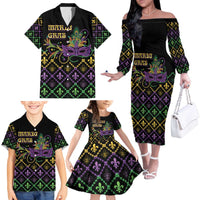 Mardi Gras Carnival Family Matching Off The Shoulder Long Sleeve Dress and Hawaiian Shirt Geometric Pattern Vintage