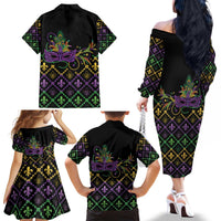 Mardi Gras Carnival Family Matching Off The Shoulder Long Sleeve Dress and Hawaiian Shirt Geometric Pattern Vintage