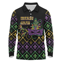 Mardi Gras Carnival Long Sleeve Polo Shirt Geometric Pattern Vintage - Wonder Print Shop