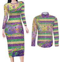 Mardi Gras Fleur De Lis Couples Matching Long Sleeve Bodycon Dress and Long Sleeve Button Shirt With Beads Glitter Pattern