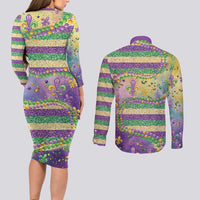 Mardi Gras Fleur De Lis Couples Matching Long Sleeve Bodycon Dress and Long Sleeve Button Shirt With Beads Glitter Pattern