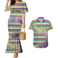 Mardi Gras Fleur De Lis Couples Matching Mermaid Dress and Hawaiian Shirt With Beads Glitter Pattern
