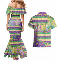 Mardi Gras Fleur De Lis Couples Matching Mermaid Dress and Hawaiian Shirt With Beads Glitter Pattern