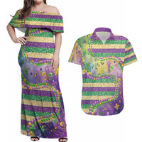 Mardi Gras Fleur De Lis Couples Matching Off Shoulder Maxi Dress and Hawaiian Shirt With Beads Glitter Pattern