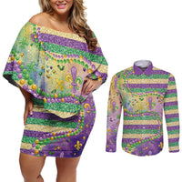 Mardi Gras Fleur De Lis Couples Matching Off Shoulder Short Dress and Long Sleeve Button Shirt With Beads Glitter Pattern