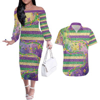 Mardi Gras Fleur De Lis Couples Matching Off The Shoulder Long Sleeve Dress and Hawaiian Shirt With Beads Glitter Pattern