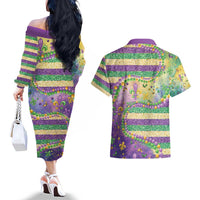 Mardi Gras Fleur De Lis Couples Matching Off The Shoulder Long Sleeve Dress and Hawaiian Shirt With Beads Glitter Pattern