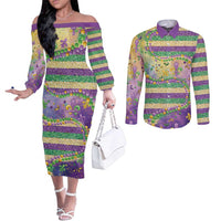 Mardi Gras Fleur De Lis Couples Matching Off The Shoulder Long Sleeve Dress and Long Sleeve Button Shirt With Beads Glitter Pattern