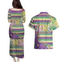 Mardi Gras Fleur De Lis Couples Matching Puletasi and Hawaiian Shirt With Beads Glitter Pattern