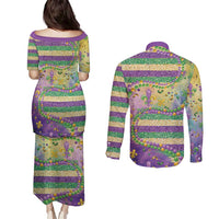 Mardi Gras Fleur De Lis Couples Matching Puletasi and Long Sleeve Button Shirt With Beads Glitter Pattern