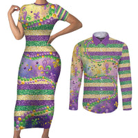 Mardi Gras Fleur De Lis Couples Matching Short Sleeve Bodycon Dress and Long Sleeve Button Shirt With Beads Glitter Pattern