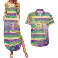 Mardi Gras Fleur De Lis Couples Matching Summer Maxi Dress and Hawaiian Shirt With Beads Glitter Pattern