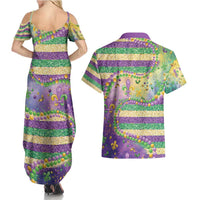 Mardi Gras Fleur De Lis Couples Matching Summer Maxi Dress and Hawaiian Shirt With Beads Glitter Pattern