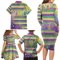 Mardi Gras Fleur De Lis Family Matching Long Sleeve Bodycon Dress and Hawaiian Shirt With Beads Glitter Pattern LT9 - Wonder Print Shop