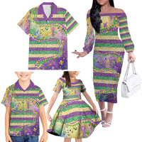 Mardi Gras Fleur De Lis Family Matching Off The Shoulder Long Sleeve Dress and Hawaiian Shirt With Beads Glitter Pattern