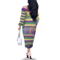 Mardi Gras Fleur De Lis Family Matching Off The Shoulder Long Sleeve Dress and Hawaiian Shirt With Beads Glitter Pattern