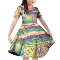 Mardi Gras Fleur De Lis Family Matching Off Shoulder Short Dress and Hawaiian Shirt With Beads Glitter Pattern LT9 - Wonder Print Shop