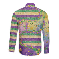 Mardi Gras Fleur De Lis Long Sleeve Button Shirt With Beads Glitter Pattern