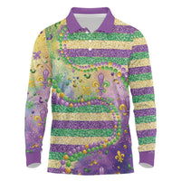 Mardi Gras Fleur De Lis Long Sleeve Polo Shirt With Beads Glitter Pattern - Wonder Print Shop
