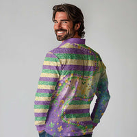 Mardi Gras Fleur De Lis Long Sleeve Polo Shirt With Beads Glitter Pattern - Wonder Print Shop