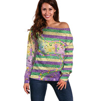 Mardi Gras Fleur De Lis Off Shoulder Sweater With Beads Glitter Pattern - Wonder Print Shop