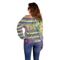 Mardi Gras Fleur De Lis Off Shoulder Sweater With Beads Glitter Pattern - Wonder Print Shop