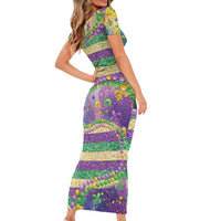 Mardi Gras Fleur De Lis Short Sleeve Bodycon Dress With Beads Glitter Pattern - Wonder Print Shop