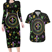 Mardi Gras Fleur De Lis Couples Matching Long Sleeve Bodycon Dress and Hawaiian Shirt With Round Carnival Beads