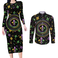 Mardi Gras Fleur De Lis Couples Matching Long Sleeve Bodycon Dress and Long Sleeve Button Shirt With Round Carnival Beads