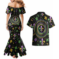 Mardi Gras Fleur De Lis Couples Matching Mermaid Dress and Hawaiian Shirt With Round Carnival Beads